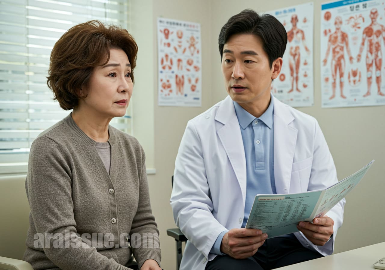 의사에게 당뇨 장애 기준 상담받는 중년 여성