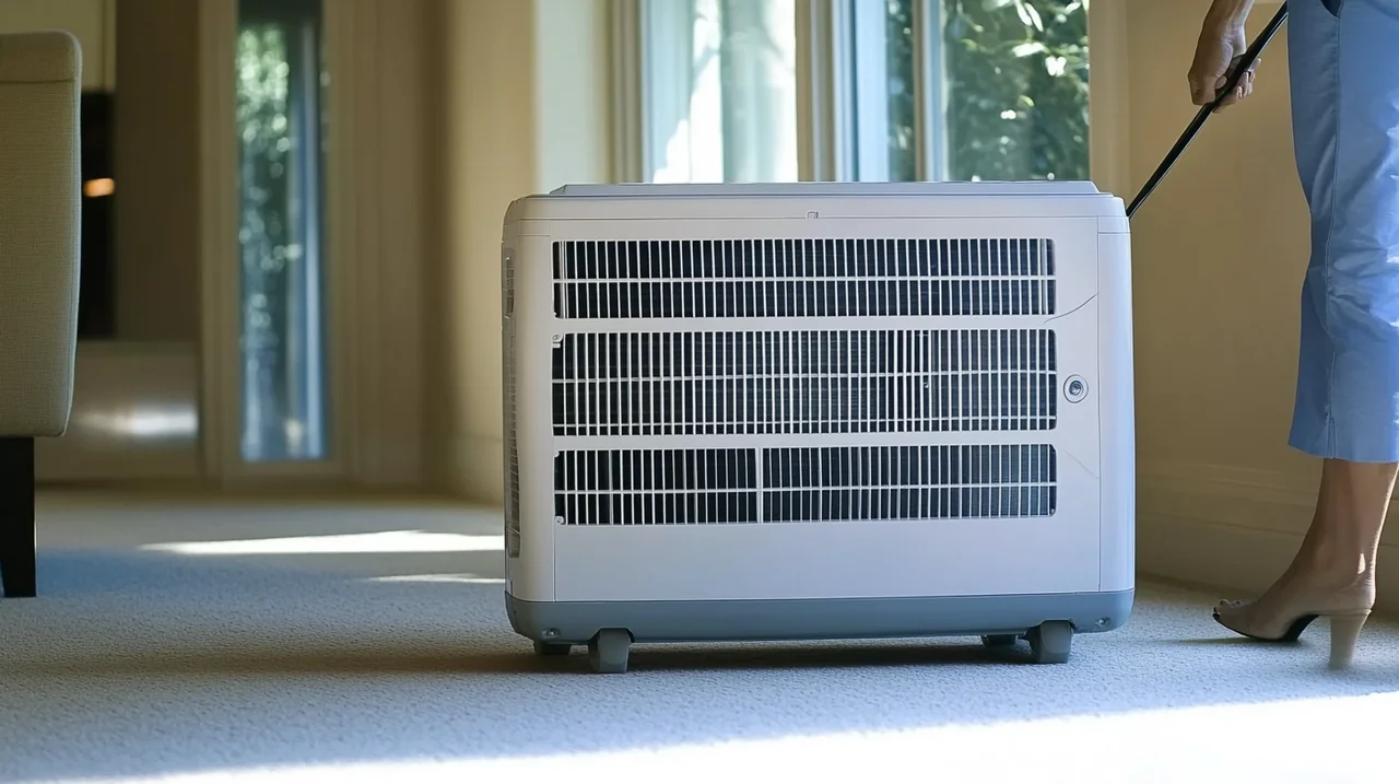 방 사이를 자유롭게 이동할 수 있는 이동식 에어컨의 편리함과 다양한 활용성을 보여줍니다.