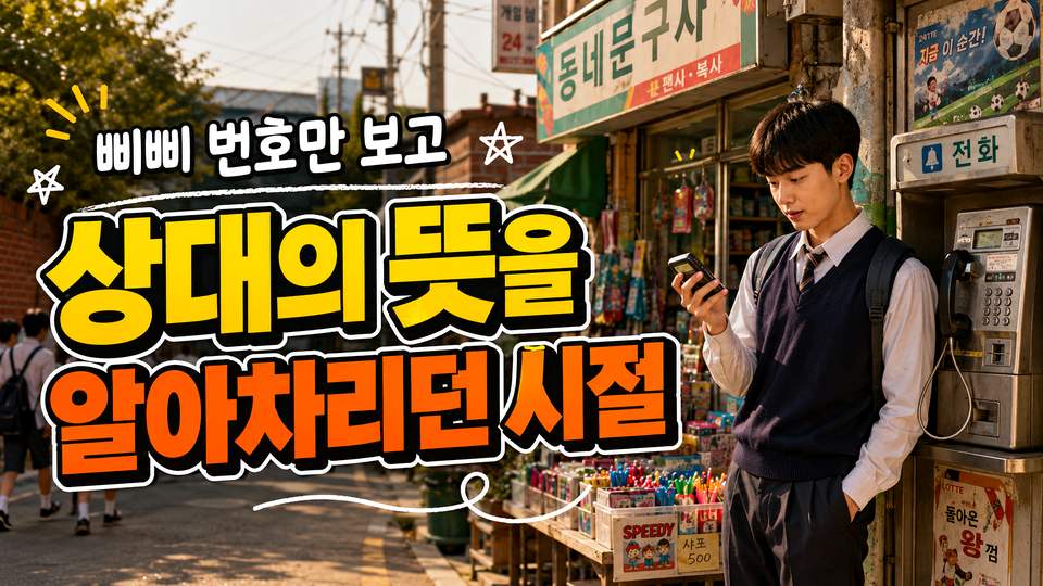 문방구와 공중전화가 있는 골목에서 교복을 입은 학생이 손에 든 삐삐를 확인하는 모습