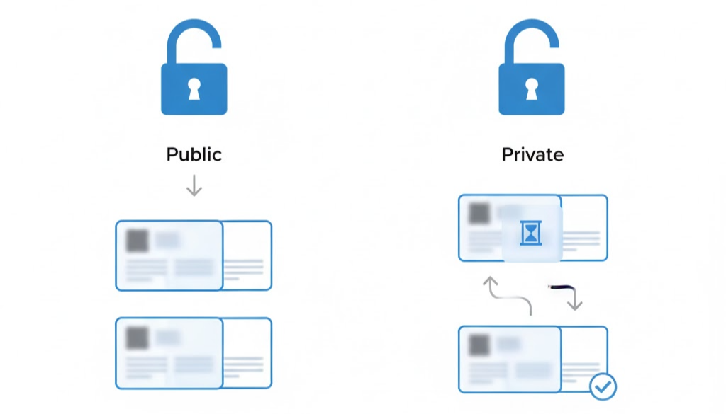 공개 계정과 비공개 계정의 차이(승인 전후로 볼 수 있는 정보 범위)를 비교한 그래픽