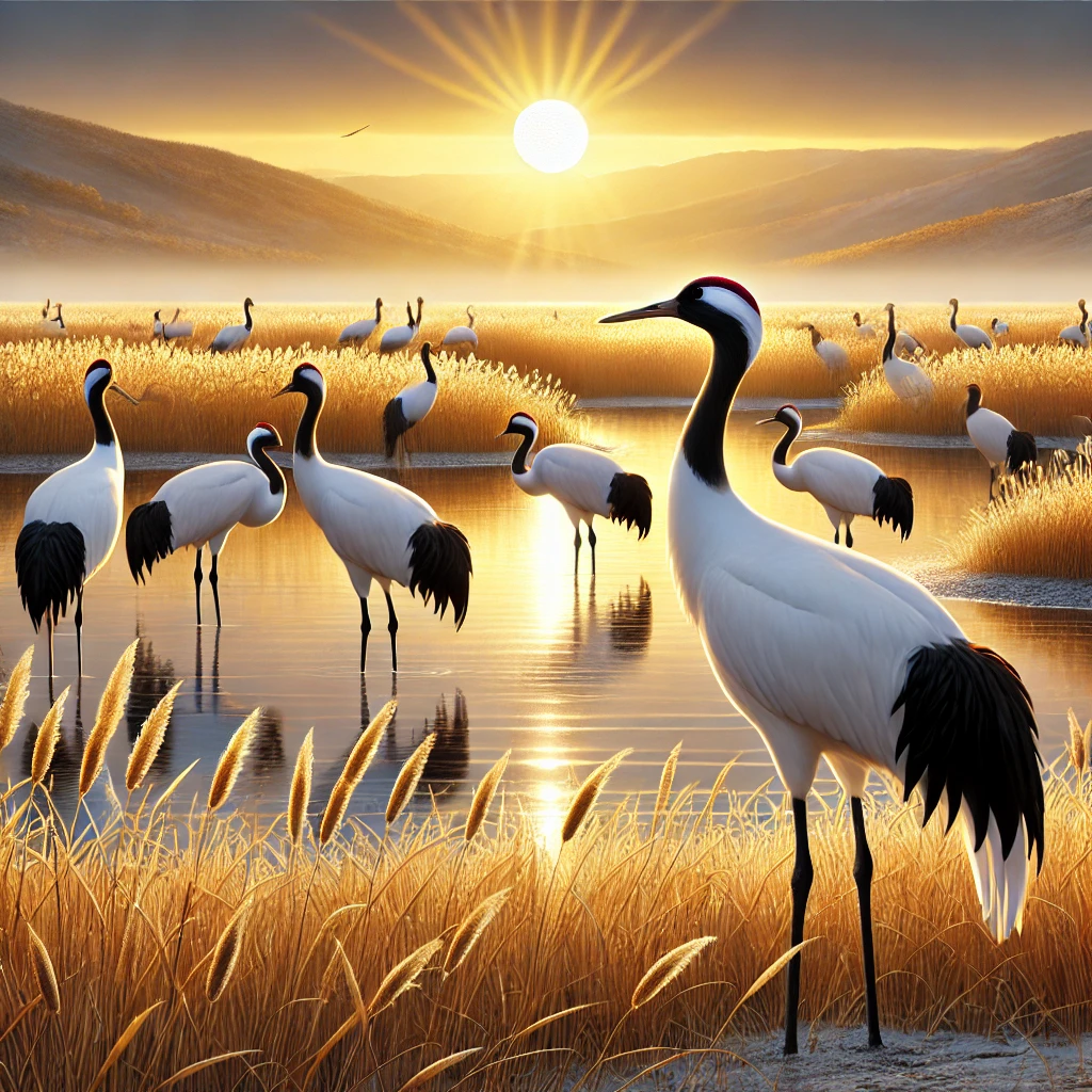 자연 서식지에서 우아하게 서 있는 흑두루미(black-necked cranes)를 묘사한 사실적이고 섬세한 디지털 일러스트. 황금빛 갈대와 잔잔한 호수가 둘러싸인 습지에서 무리 지어 있는 흑두루미들 위로 따뜻한 일출이 비치는 장면.