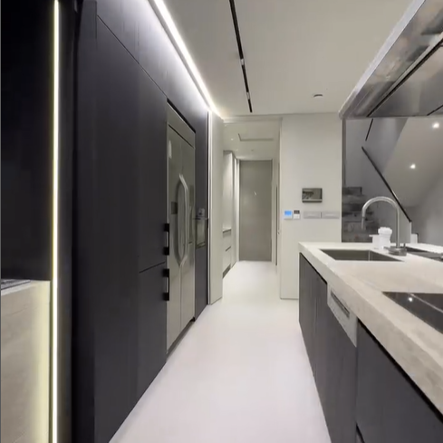 붙박이 장으로 인테리어가 되어 있는 주방, 깔끔한 구조를 갖고 있다