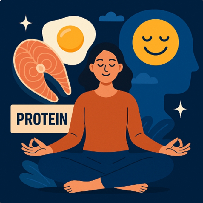 평온한 표정의 여성이 단백질 식단(연어·달걀)과 함께 명상하는 장면 — 단백질이 스트레스 완화와 감정 회복에 기여하는 이미지를 상징.