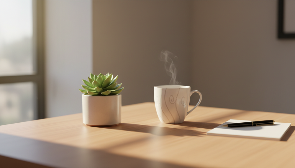 단정하게 정리된 책상과 따뜻한 차 한 잔, 비움의 미학