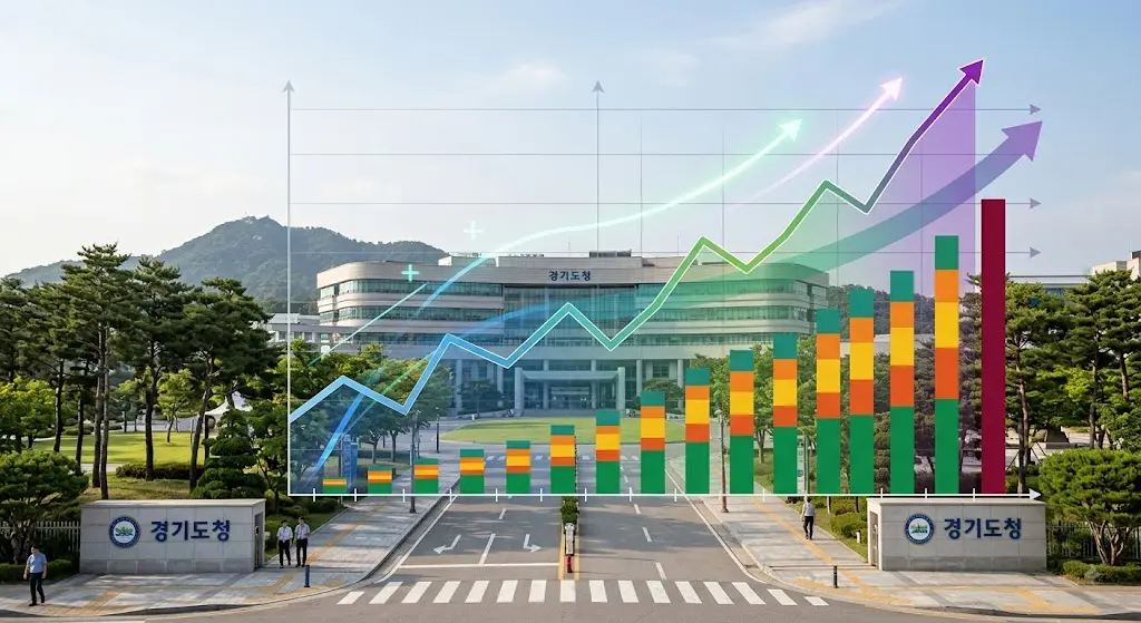 경기도청 건물과 재정 그래프가 겹쳐진 이미지, 차분한 낮 풍경