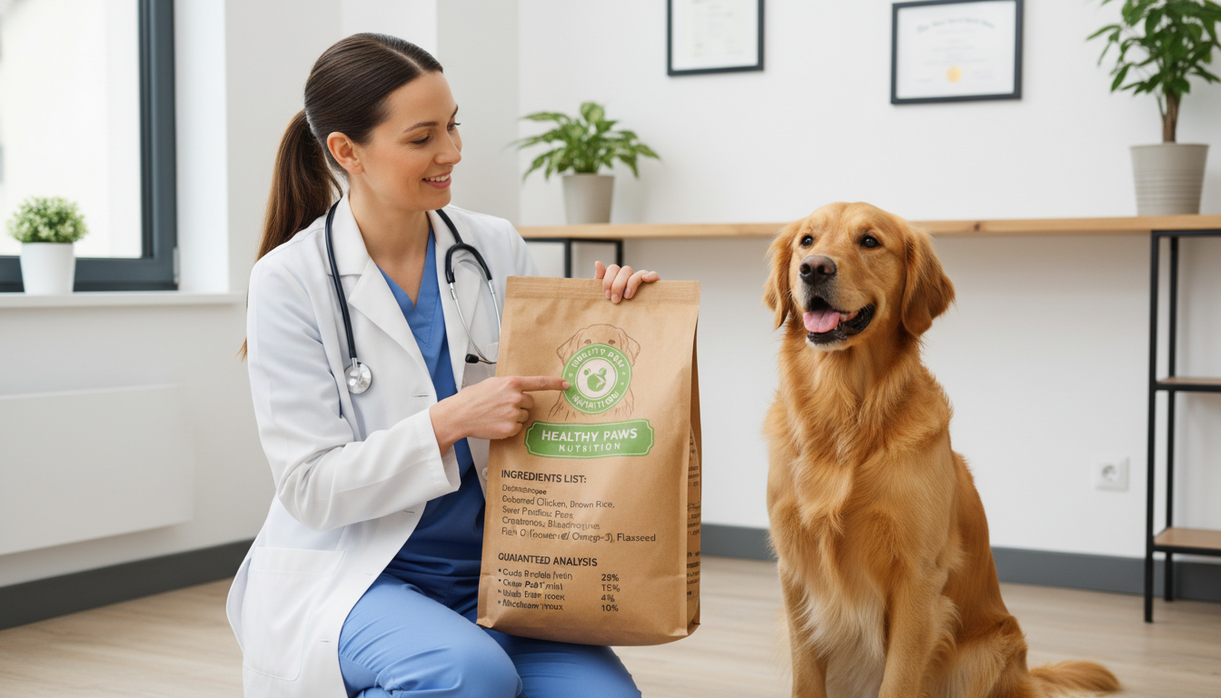 강아지 사료 뒷면의 제조원 성분표를 다정하게 설명해주는 수의사와 밝게 웃는 골든 리트리버