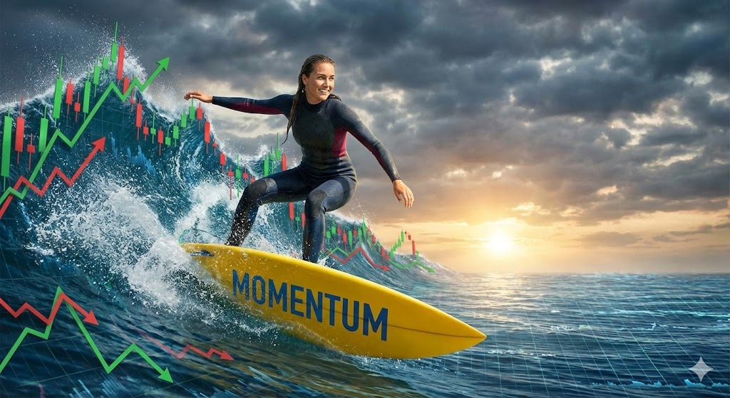 거친 파도(변동성 장세) 위를 능숙하게 타고 넘는 서퍼(모멘텀 ETF)의 역동적인 모습