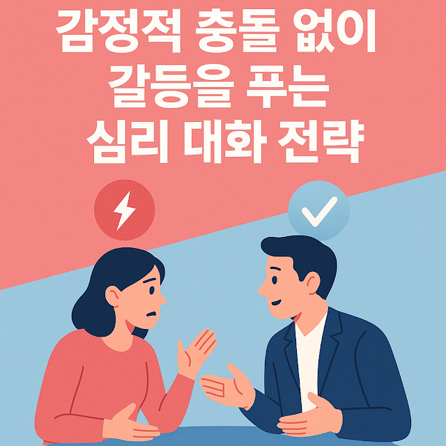 충돌 중인 여성과 차분한 남성이 대화하는 일러스트, '감정적 충돌 없이 갈등을 푸는 심리 대화 전략' 문구 포함하하는 이미지