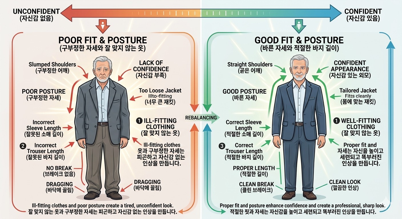 - 왼쪽 (구부정한 자세와 잘 맞지 않는 옷): 어깨가 굽고 허리가 구부정한 자세에 너무 크거나 길어서 핏이 맞지 않는 옷을 입은 모습을 붉은색 그라데이션으로 표현했습니다. 특히 바지 길이가 너무 길어 바닥에 끌리며 단정하지 못한 느낌을 줍니다. 이는 자신감 없는 인상을 유발하고 사회적 존재감을 약화시키는 결과를 낳습니다.
- 오른쪽 (바른 자세와 적절한 바지 길이): 어깨를 펴고 허리를 곧게 세운 바른 자세에 체형에 딱 맞는 핏의 옷을 입은 모습을 푸른색 그라데이션으로 표현했습니다. 특히 바지 길이가 신발 위를 살짝 덮으며 주름 없이 떨어지는 클린 브레이크(Clean Break) 상태를 명확히 보여줍니다. 이는 세련되고 똑부러진 인상을 유발하고 자신감을 높이는 결과를 낳습니다.

출처: Gemini AI 생성