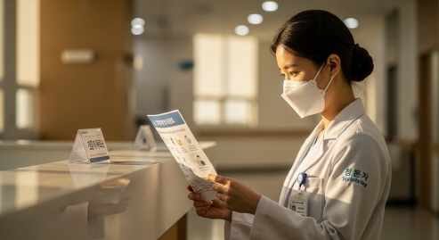 병원에서 코로나19 관련 안내문을 읽고 있는 모습