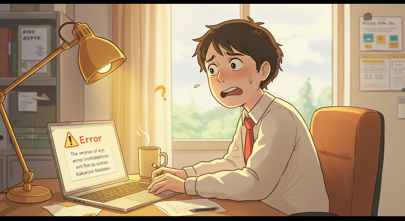 카카오톡 PC버전 설치 오류로 당황하는 직장인 모습