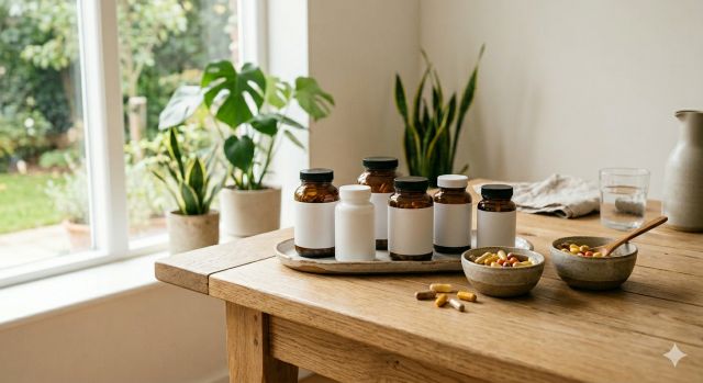 고함량 멀티비타민 제품과 다양한 영양제가 정리된 모습, 비타민 선택 비교 이미지
