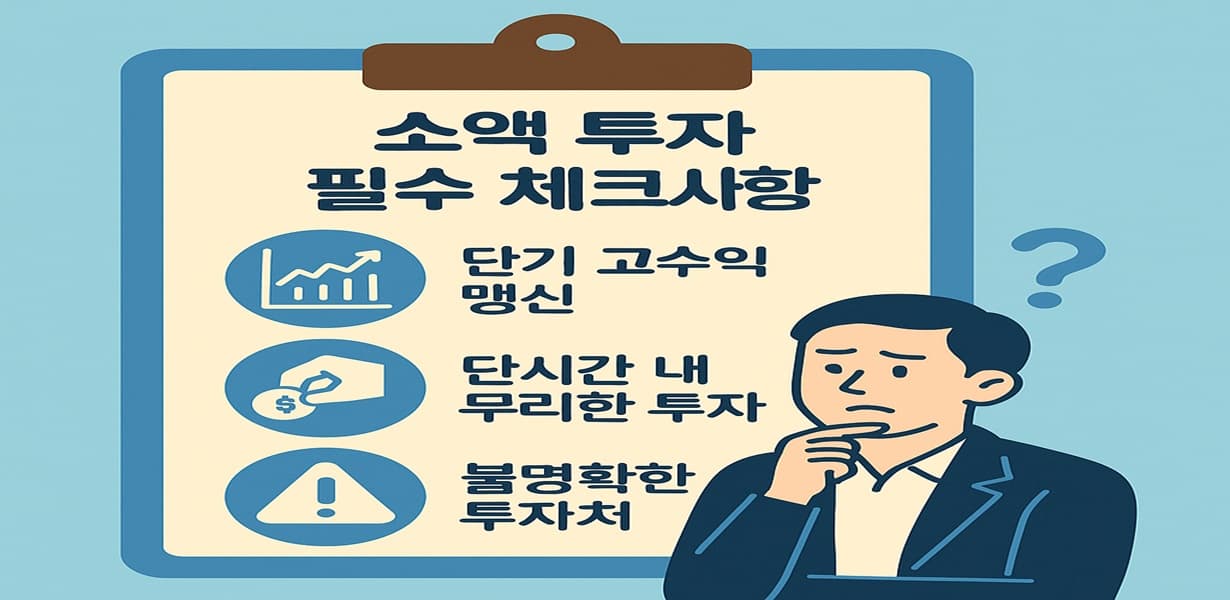 소액 투자 전 반드시 점검해야 할 세 가지 주의사항이 정리된 클립보드와 고민하는 남성 캐릭터