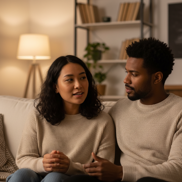 연인이 서로 눈을 마주치고 적극적으로 경청하며 공감하는 모습.