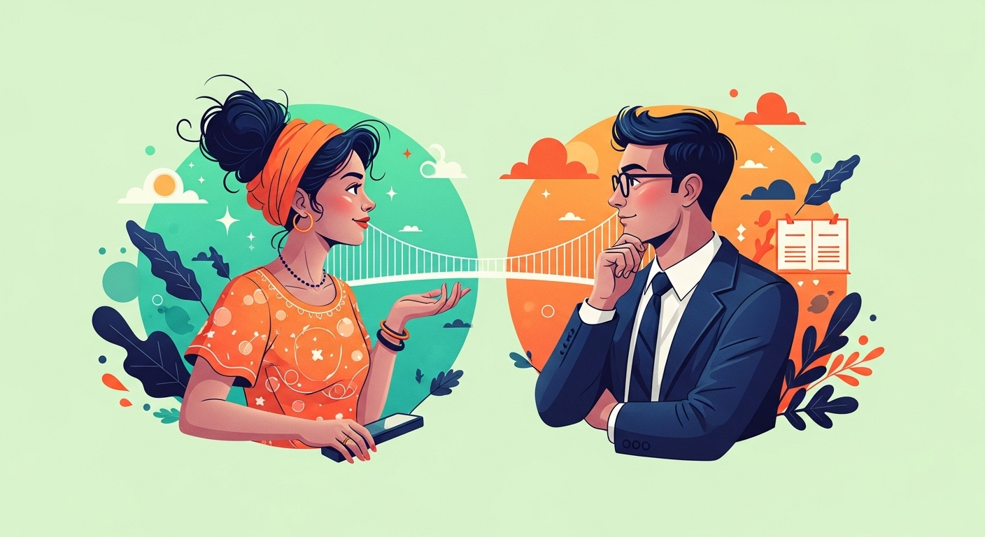 서로 다른 성격의 테토녀와 에겐남이 마주 보며 소통하는 모습, 각자의 특징을 상징하는 요소들이 어우러진 현대적인 일러스트.