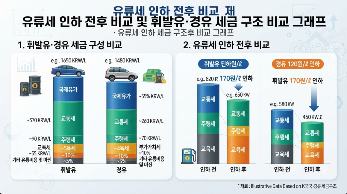 휘발유 및 경유 세금 구조와 유류세 인하 전후 비교 그래프