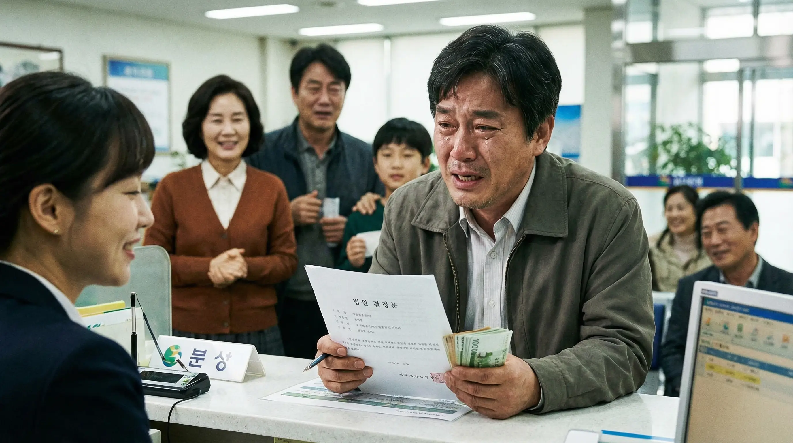 법원의 결정문을 받고 은행에서 마침내 현금을 인출하여 안도하는 가장의 모습