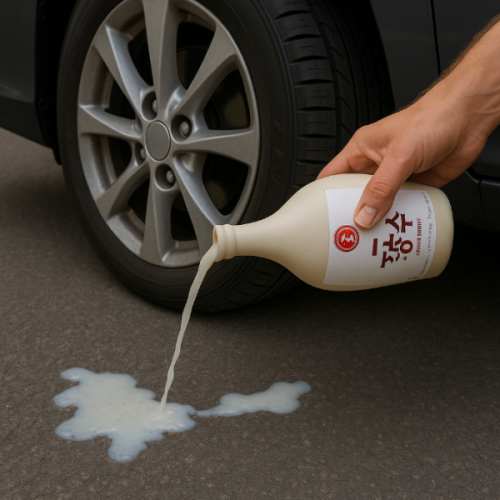 바퀴옆에 골고루 막걸리를 뿌리는 모습