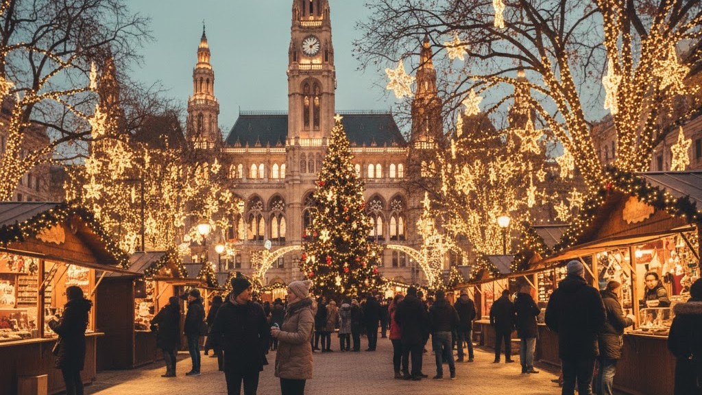 비엔나 시청사 광장의 크리스마스 마켓과 조명이 켜진 야경
