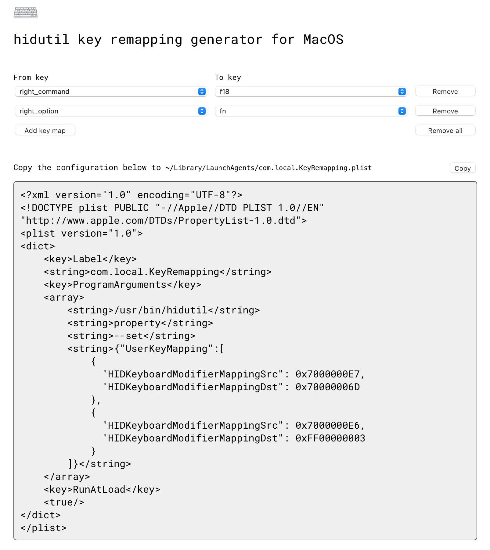 karabiner의 기능과 유사한 방식으로 KeyRemapping.plist 파일을 작성할 수 있다.