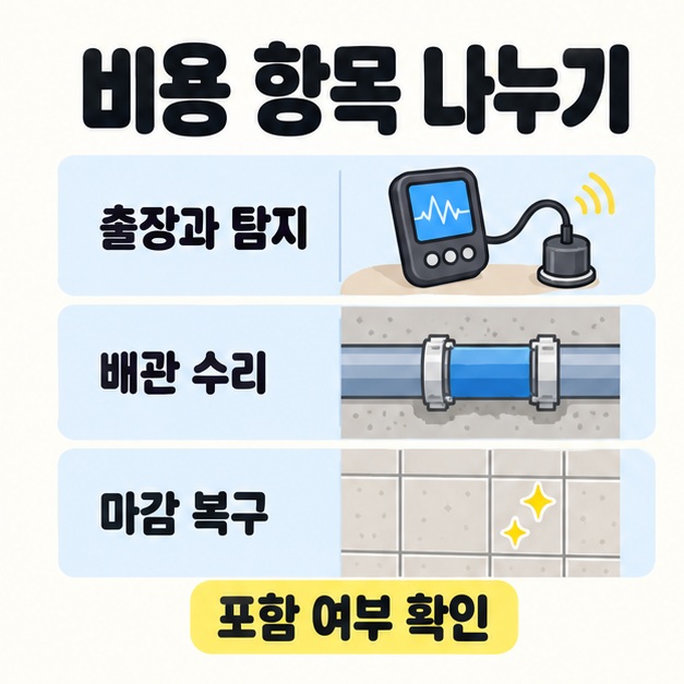 출장과 탐지, 배관 수리, 마감 복구를 탐지 장비와 수리된 배관 및 타일 그림으로 나누고 포함 여부 확인을 강조한 비용 항목 도식