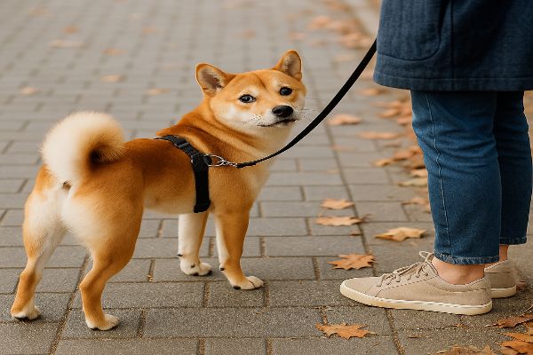 보호자가 인도 위에 나무처럼 멈춰 서 있고, 앞서던 시바견이 돌아보는 순간을 보여주는 모습이다.