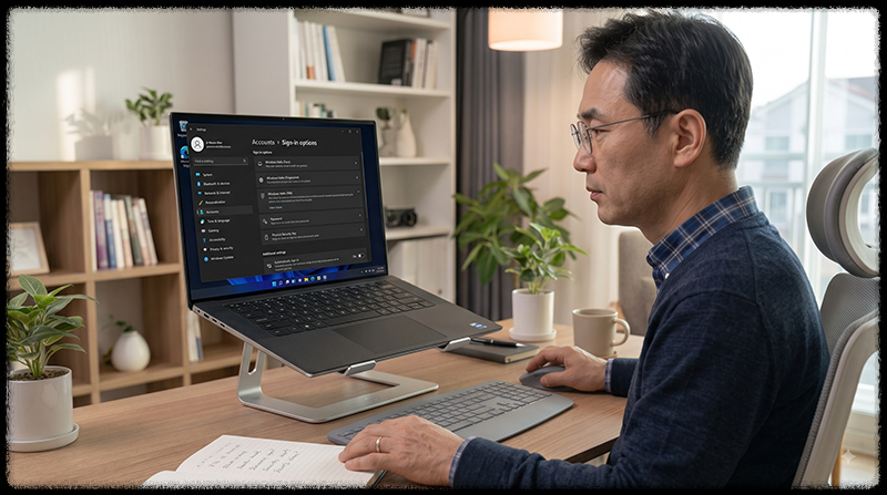 Windows 11 로그인 옵션에서 PIN과 계정 비밀번호 설정을 비교하는 모습