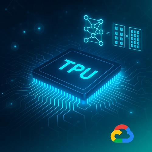 Google TPU chip architecture visualization showing systolic array design for AI machine learning acceleration with neural network matrix operations