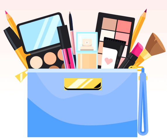 하늘색 네모난 가방 안에 다양한 화장품들이 들어가 있고 밖으로 모습을 드러낸 상태이다. 아이 펜슬, 브러쉬, 립글로스, 아이쉐도우, 비비크림, 파운데이션 등 다양한 화장품이 가득하다.