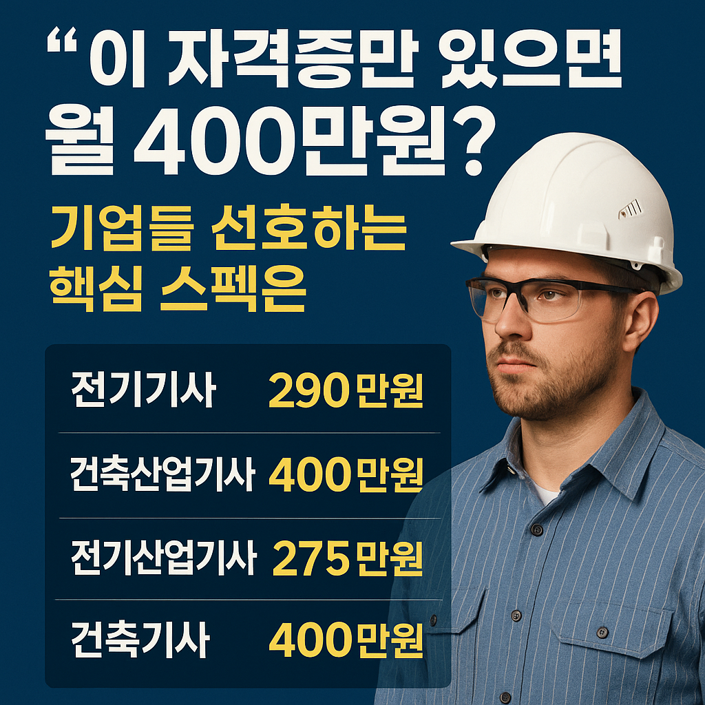 “전기기사·건축산업기사 등 기술 자격증 월급 비교를 강조한 뉴스형 썸네일 이미지, 안전모를 착용한 엔지니어 인물 삽입”