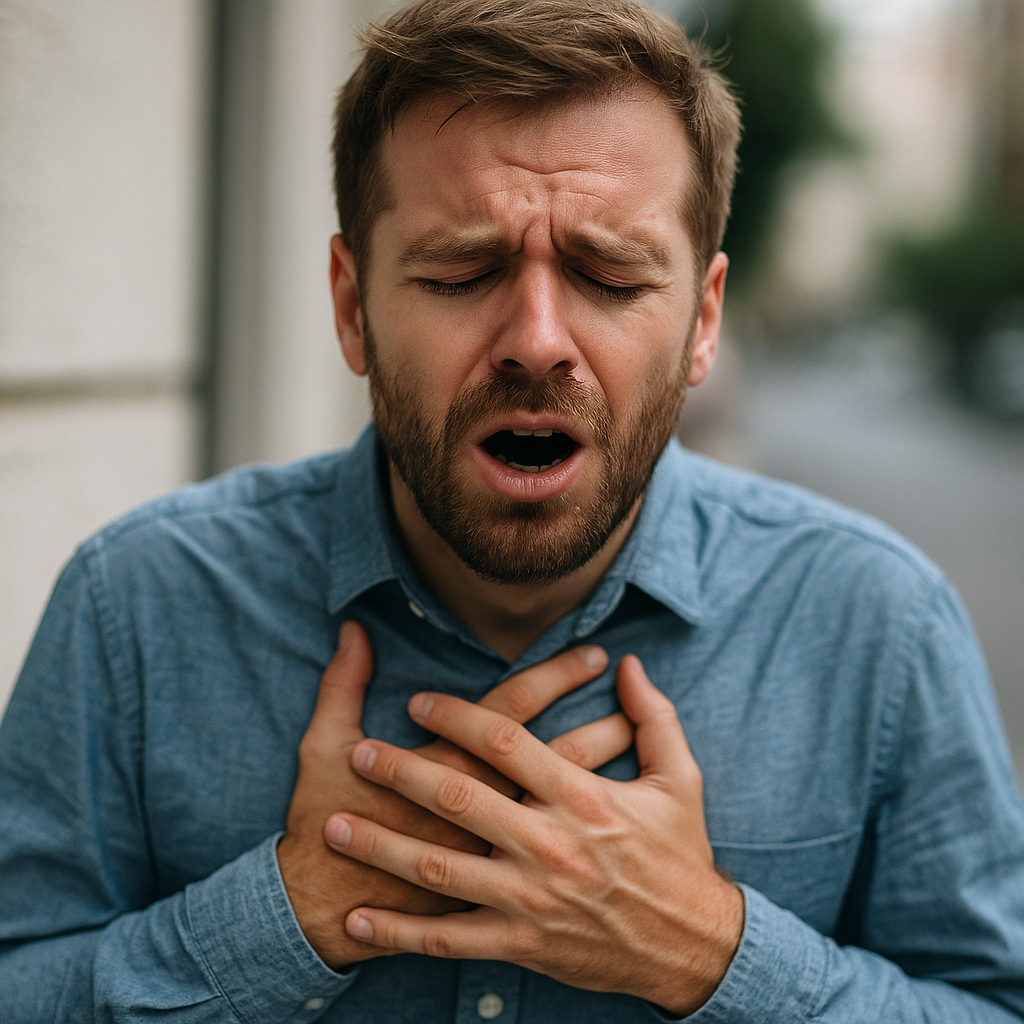 남성이 숨쉬기 힘들어하는 모습