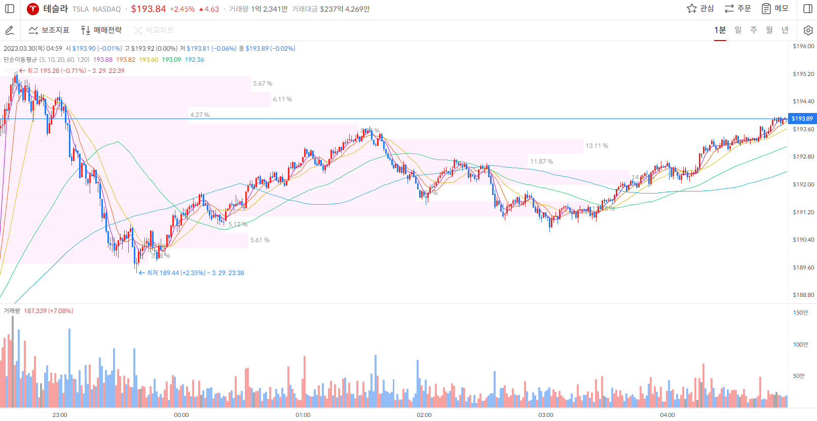 테슬라 주가 1분봉