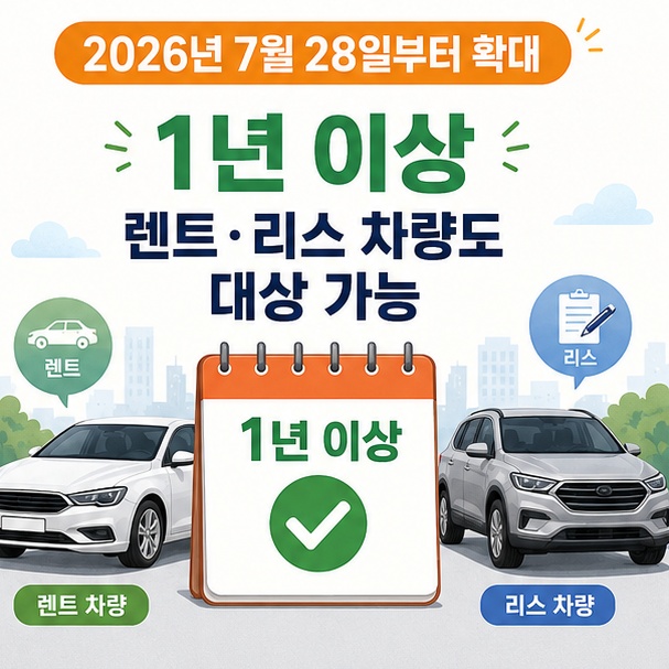 2026년 7월 28일부터 장애인이 1년 이상 장기 렌트하거나 리스한 차량도 고속도로 통행료 감면 대상에 포함될 수 있음을 설명한 이미지