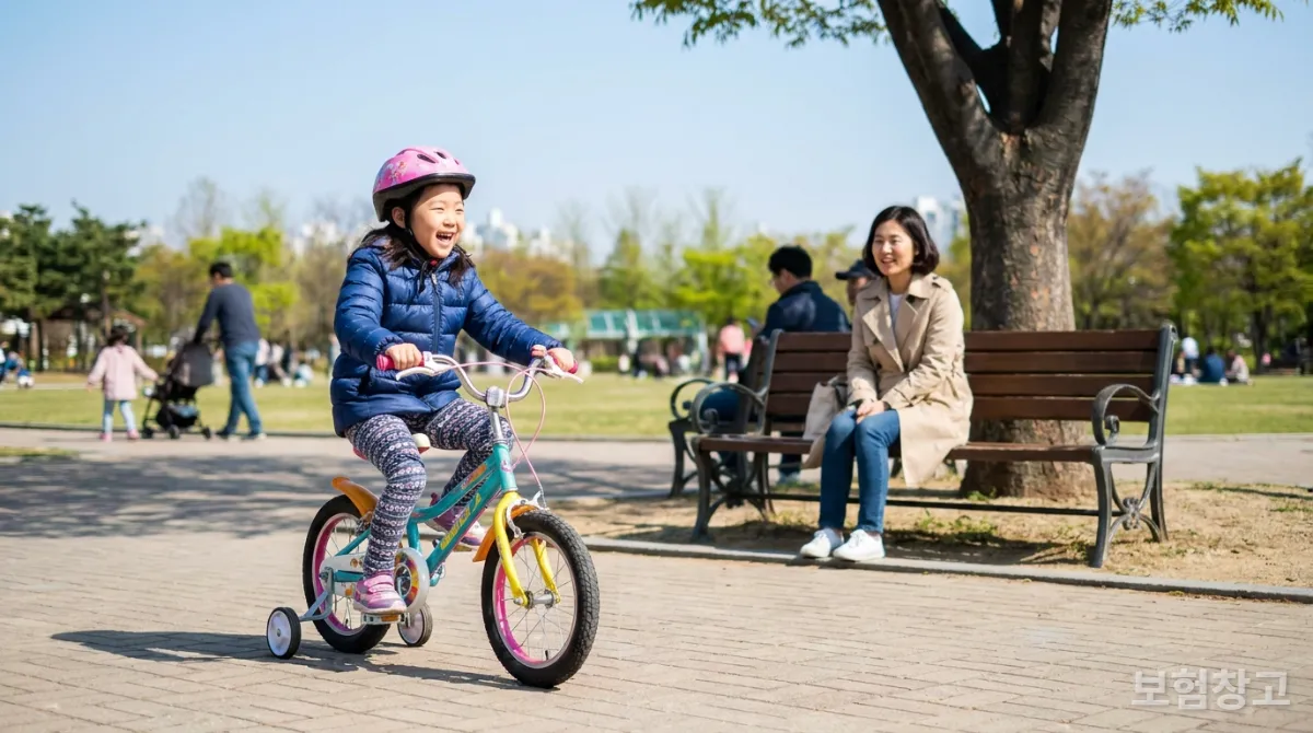 헬멧을 쓰고 공원에서 자전거를 타는 아이와 이를 지켜보는 부모의 모습
