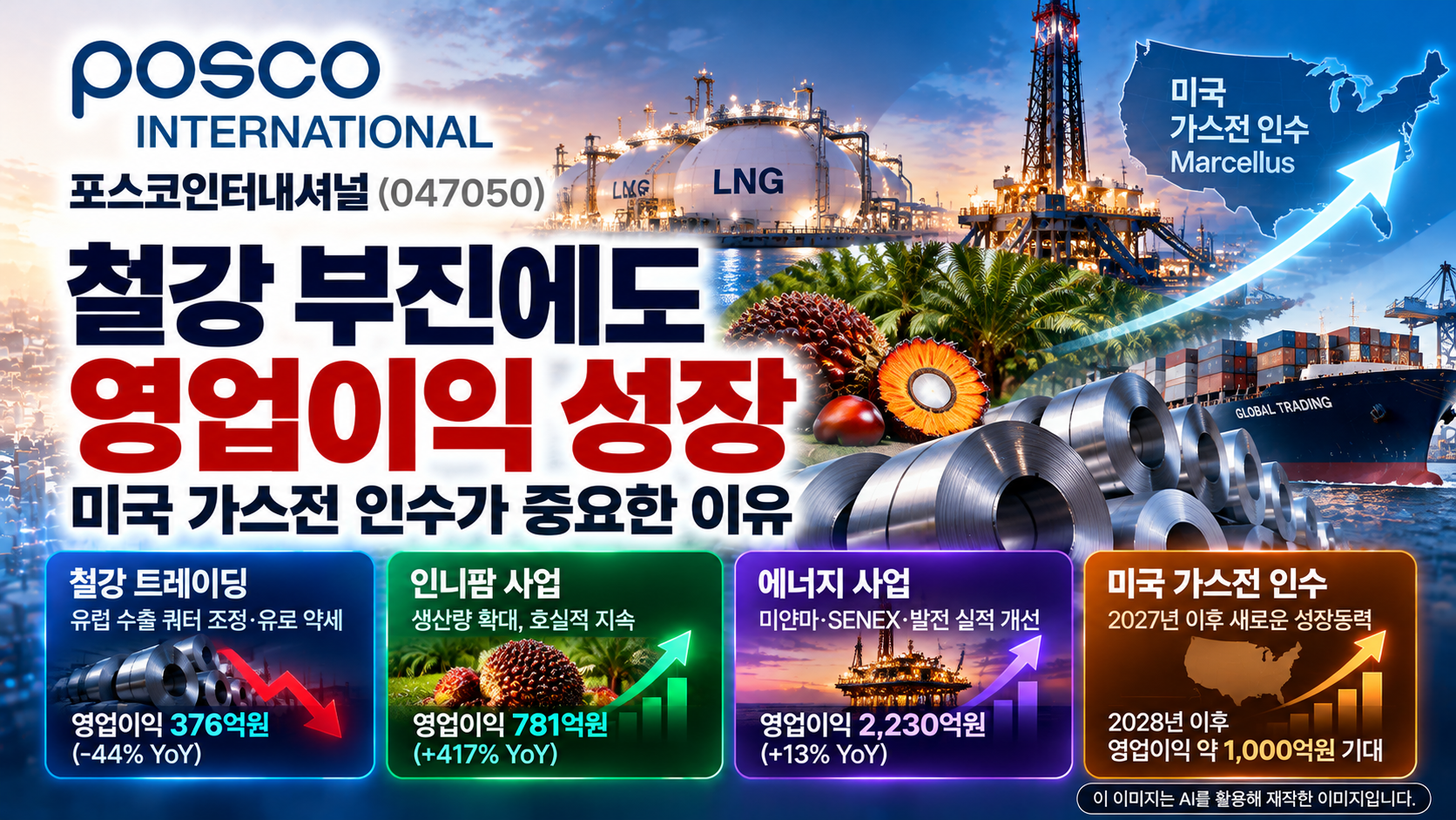 포스코인터내셔널 기업분석, 철강 트레이딩 부진을 보완하는 인도네시아 팜유&middot;에너지 사업 성장과 미국 Marcellus 가스전 인수에 따른 2027년 이후 실적 개선 전망