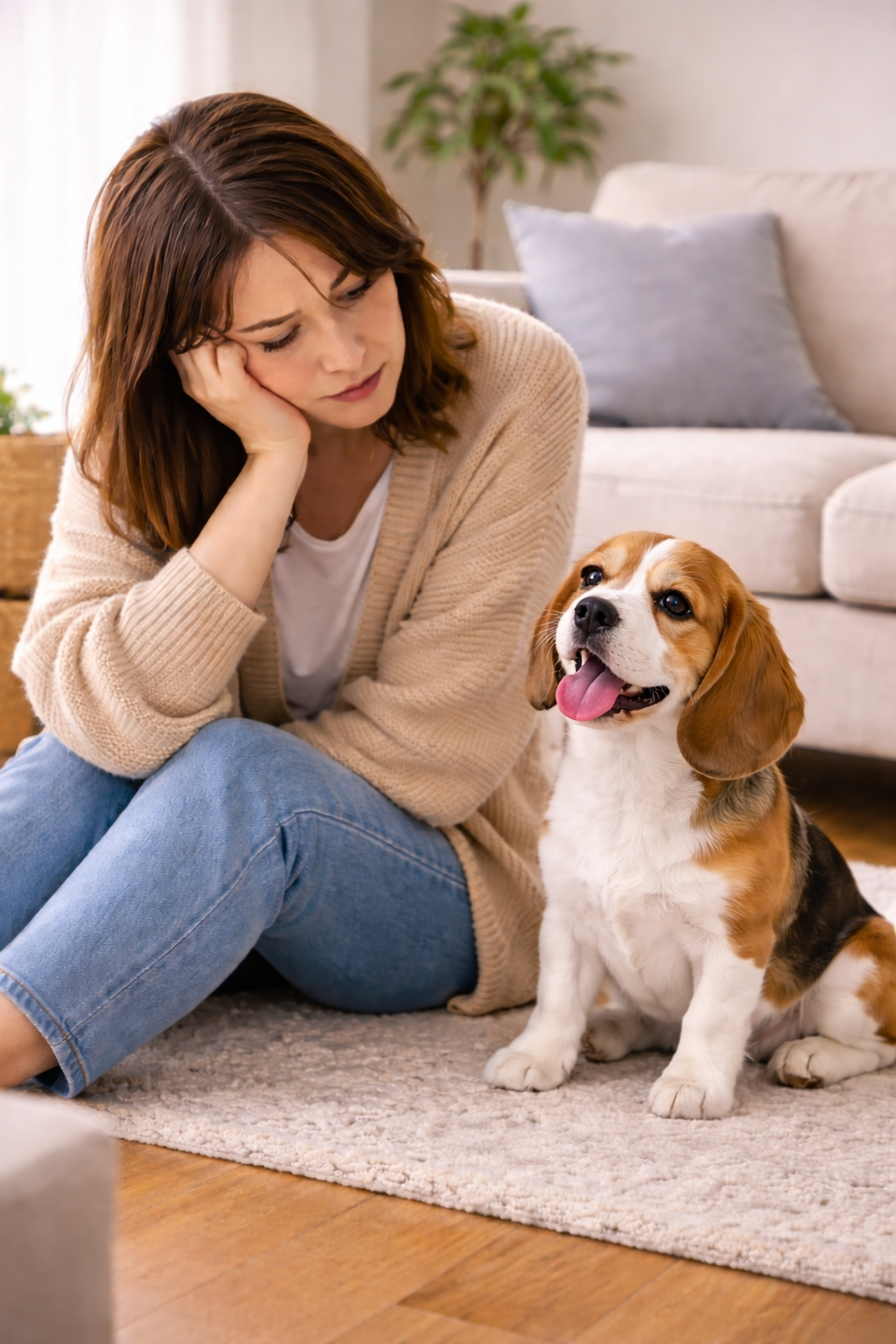 반려동물을 옆에 놓고 고민하는 보호자