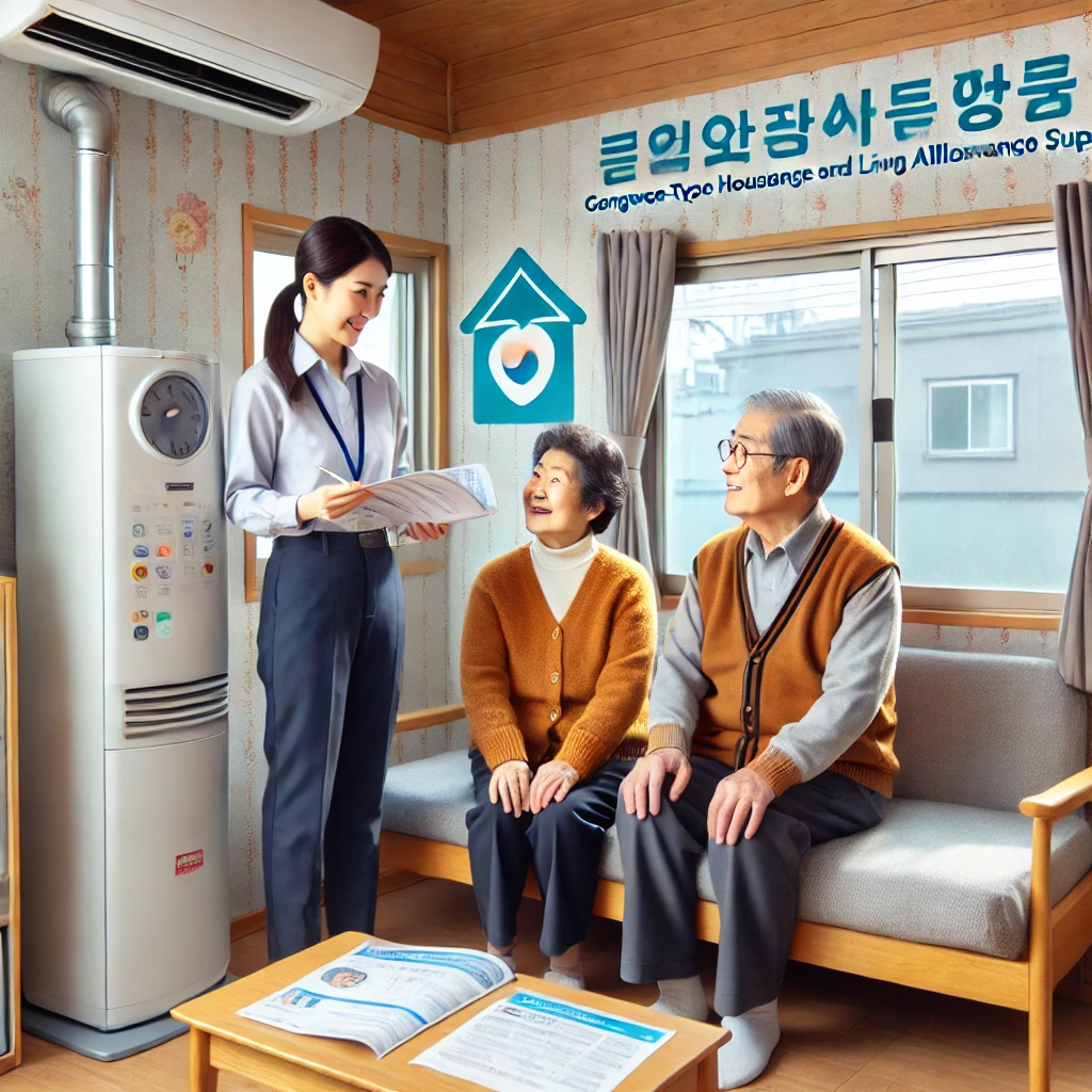 강원형 수선유지 주거급여 지원 프로그램을 설명하는 사회복지사가 한국의 한 가정에서 노부부를 돕고 있다. 방 안은 새롭게 도배되고 보일러가 수리된 모습이며, 노부부는 만족스러운 표정을 짓고 있다. 사회복지사는 프로그램 안내 책자를 들고 설명 중이다.
