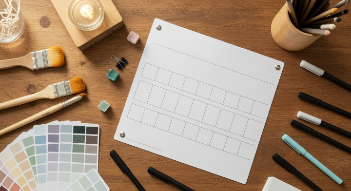 직접 팔레트를 채워보고 싶은 독자를 위한 컬러 템플릿과 도구들이 놓인 책상 이미지