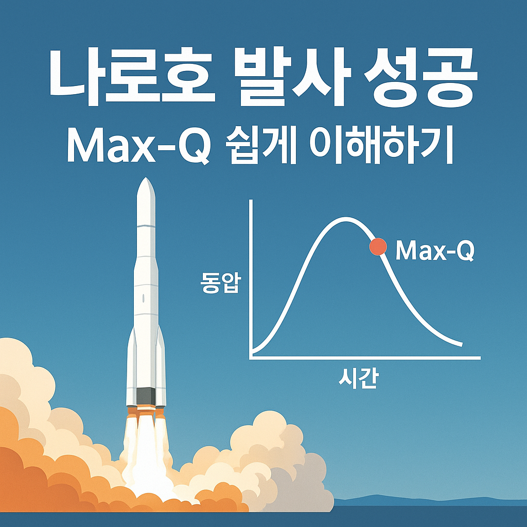 나로우주센터에서 이륙한 한국형 발사체가 Max-Q(최대 동압) 구간을 통과하며 우주로 상승하는 장면을 단순화해 표현한 일러스트 썸네일