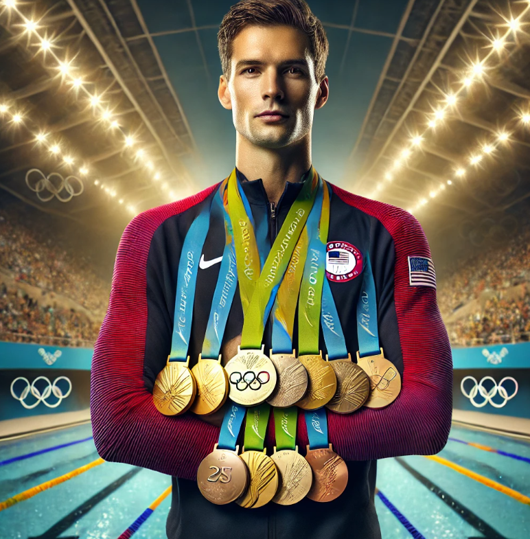 올림픽에서 많은 메달을 획득한 운동선수 이미지