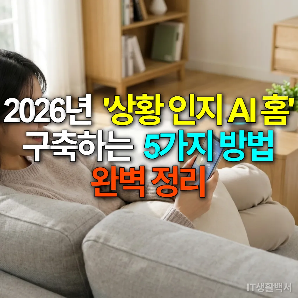 스마트폰으로 스마트홈 기기를 제어하며 미소 짓는 한국 여성