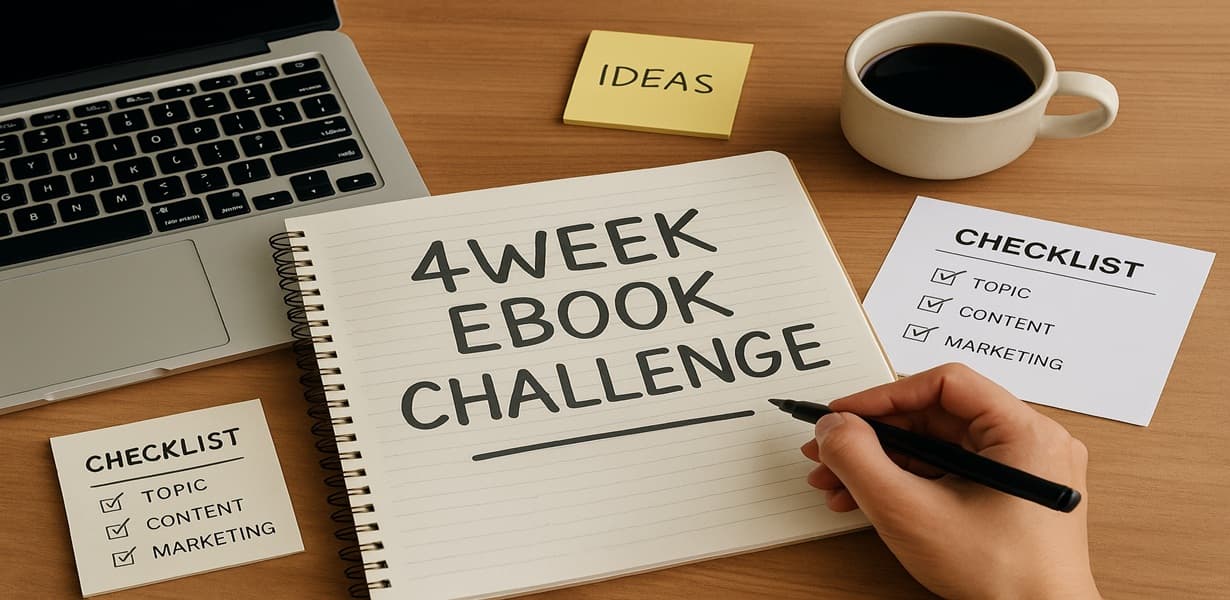 “전자책 4주 챌린지를 준비하는 사람의 책상 – 4WEEK EBOOK CHALLENGE라고 적힌 노트와 체크리스트, 커피잔, 노트북이 놓여 있음”