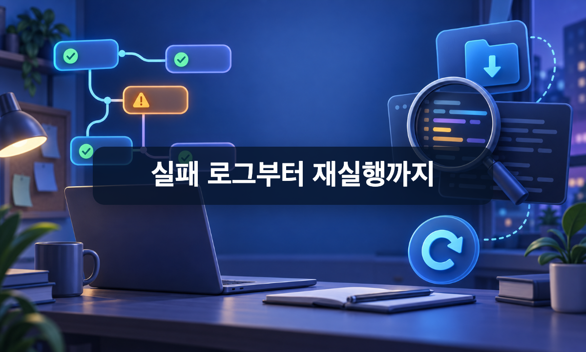 실패한 워크플로 노드와 로그 검색&middot;다운로드&middot;재실행 도구를 표현한 개발 일러스트
