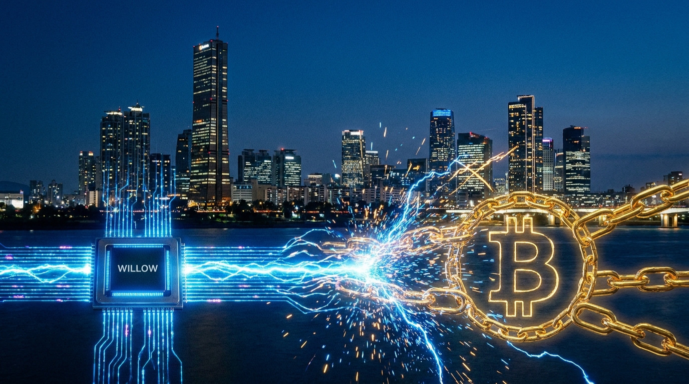 구글 윌로우 양자 칩과 비트코인 네트워크의 보안 대결을 상징하는 이미지