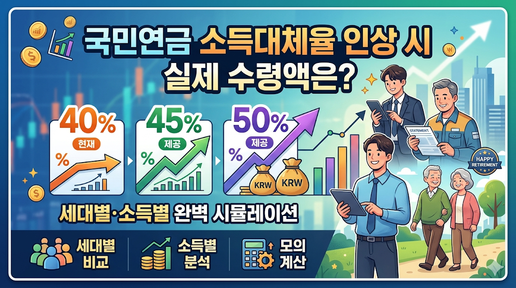 국민연금 소득대체율 인상 시 실제 수령액은? 40% vs 45% vs 50% 세대별·소득별 완벽 시뮬레이션