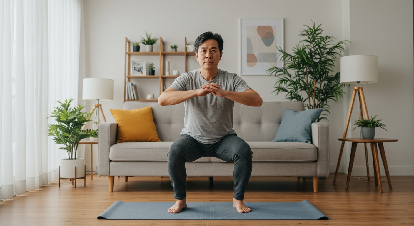 집에서 간단한 운동을 하는 사람