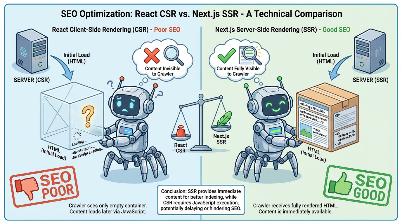 Next.js SSR 서버사이드 렌더링과 React CSR 검색엔진 SEO 최적화 비교