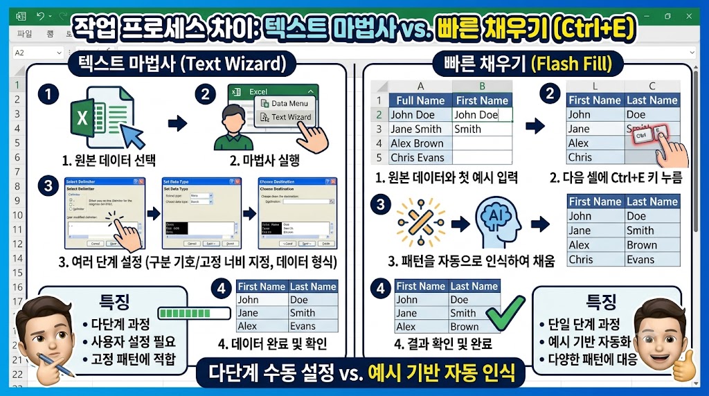 전통적인 텍스트 나누기 마법사와 인공지능 기반 빠른 채우기의 작업 단계 및 시간 비교 그래픽