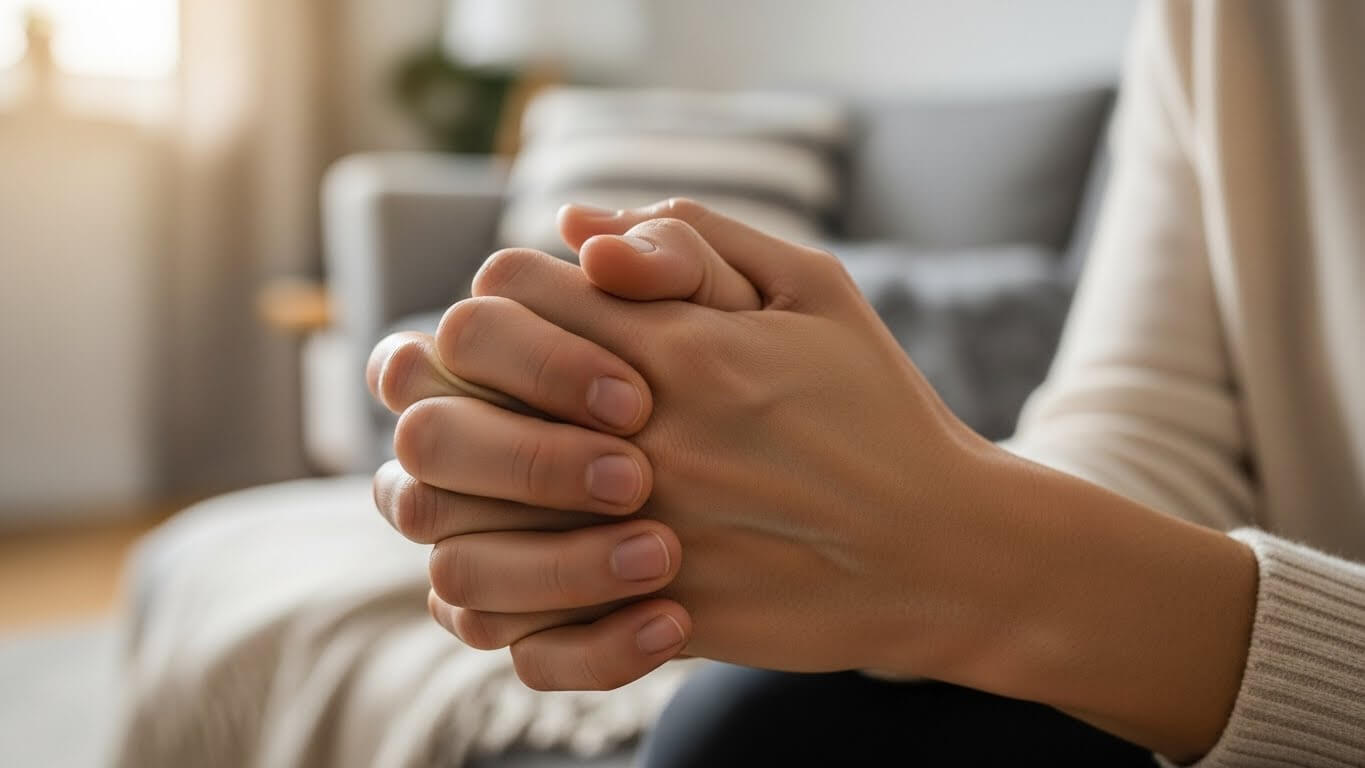 Person holding their hands indoors representing cold hands and feet causes in daily life