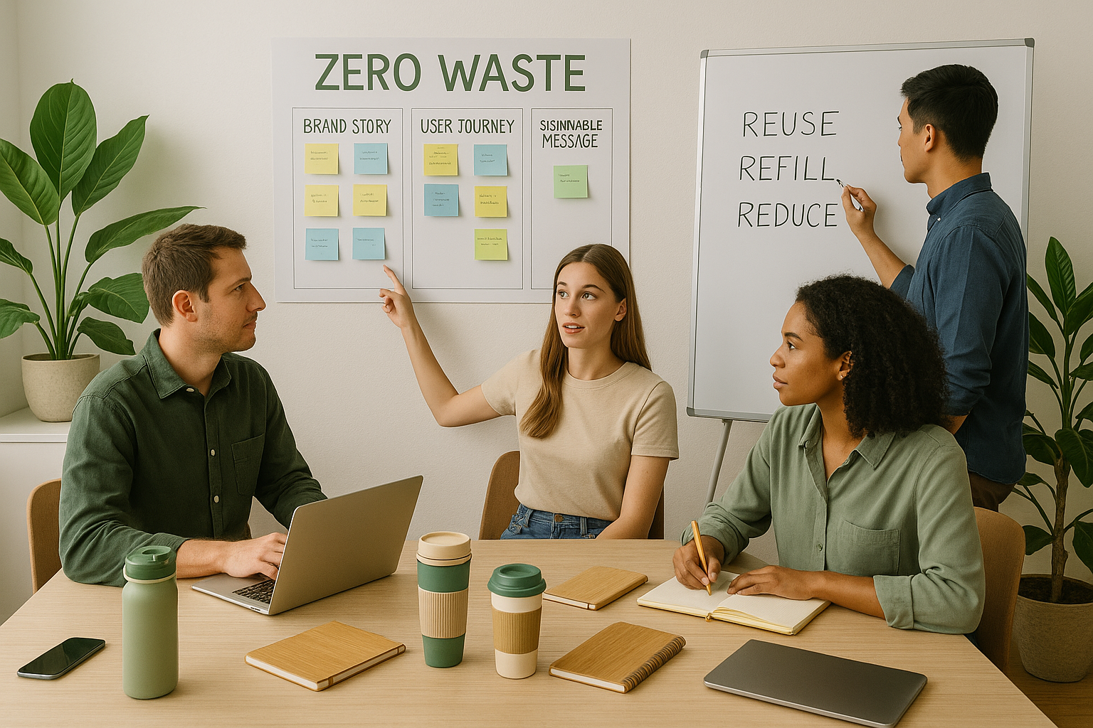 제로 웨이스트 브랜드 콘텐츠 전략을 기획하는 회의실 내부. 벽면에는 브랜드 스토리보드가 붙어 있고, 책상 위에는 다회용 컵과 친환경 노트가 놓여 있으며, 팀원들이 콘텐츠 아이디어를 논의 중이다.
